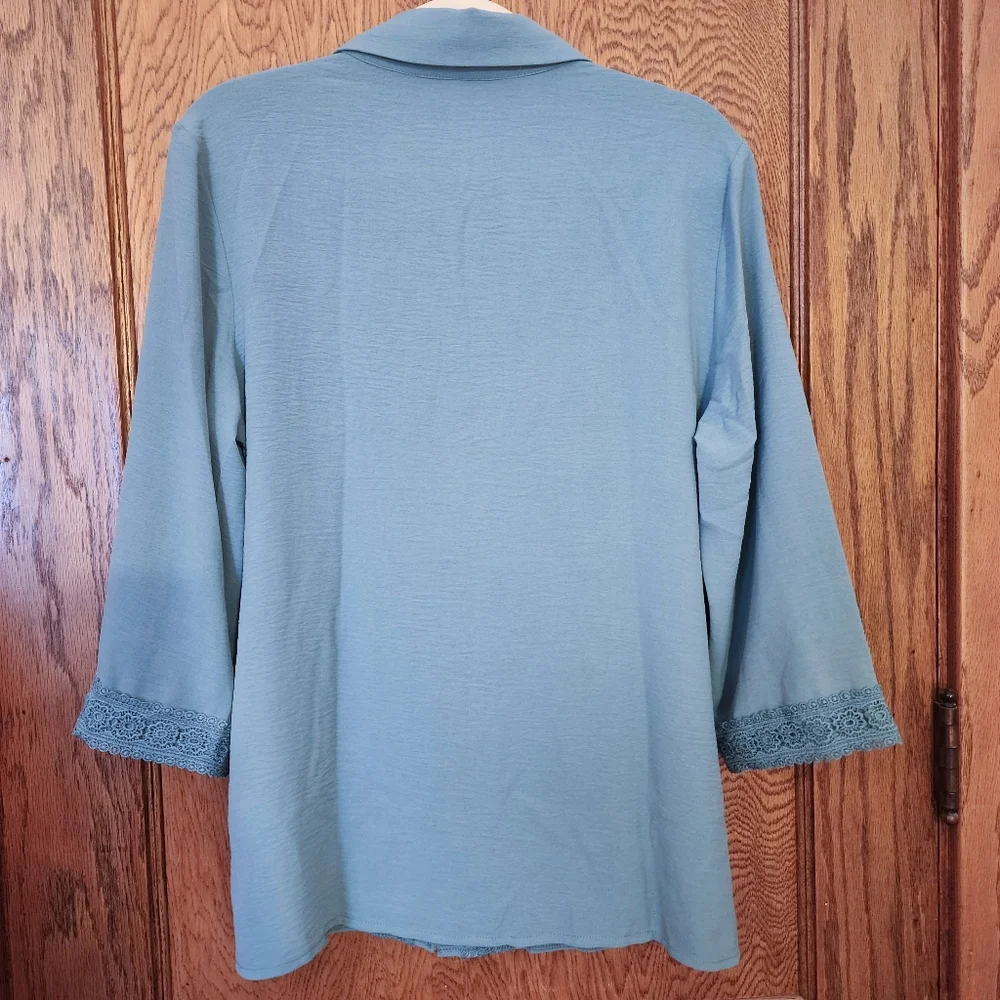 NEW Modlily Womens Teal Green Button Down 3/4 Sleeve Blouse Size L Cottagecore - Picture 2 of 8